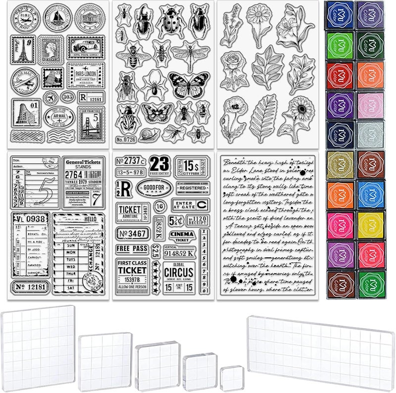 twinklemon 32PCS Clear Stamps for Card Making Includes 6 Sheets Vintage Silicone Stamps 20 Craft Ink Pad 6 Acrylic Stamp Block Background Stamp for Crafting DIY Scrapbooking Journal - Image 1